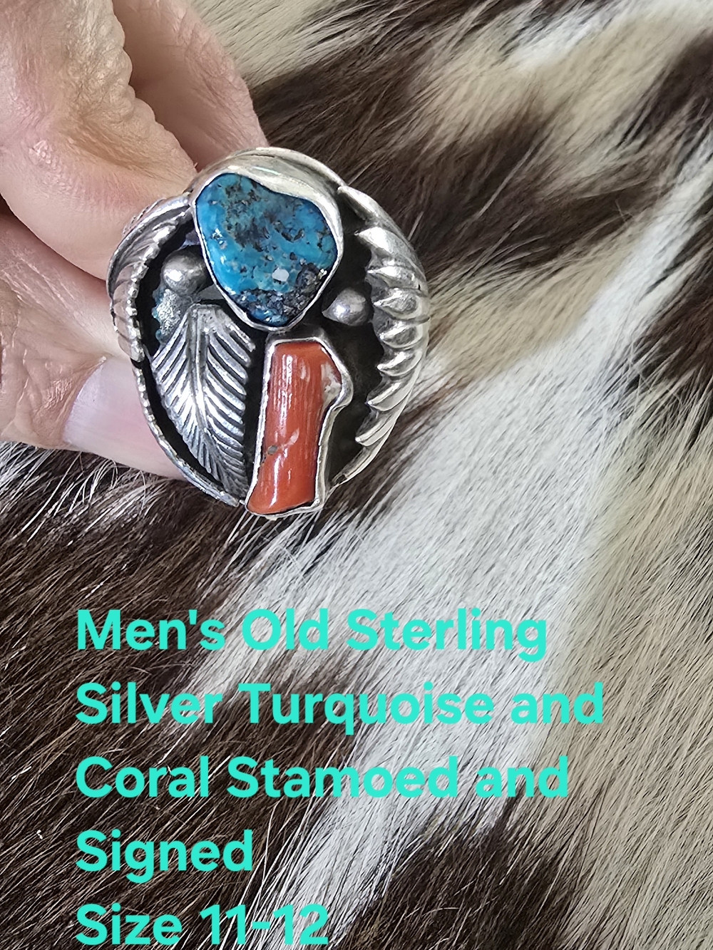 Native American Sterling Silver Men's Ring with Turquoise & Coral